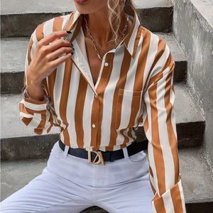 SHEIN Striped Button Up Pocket Blouse